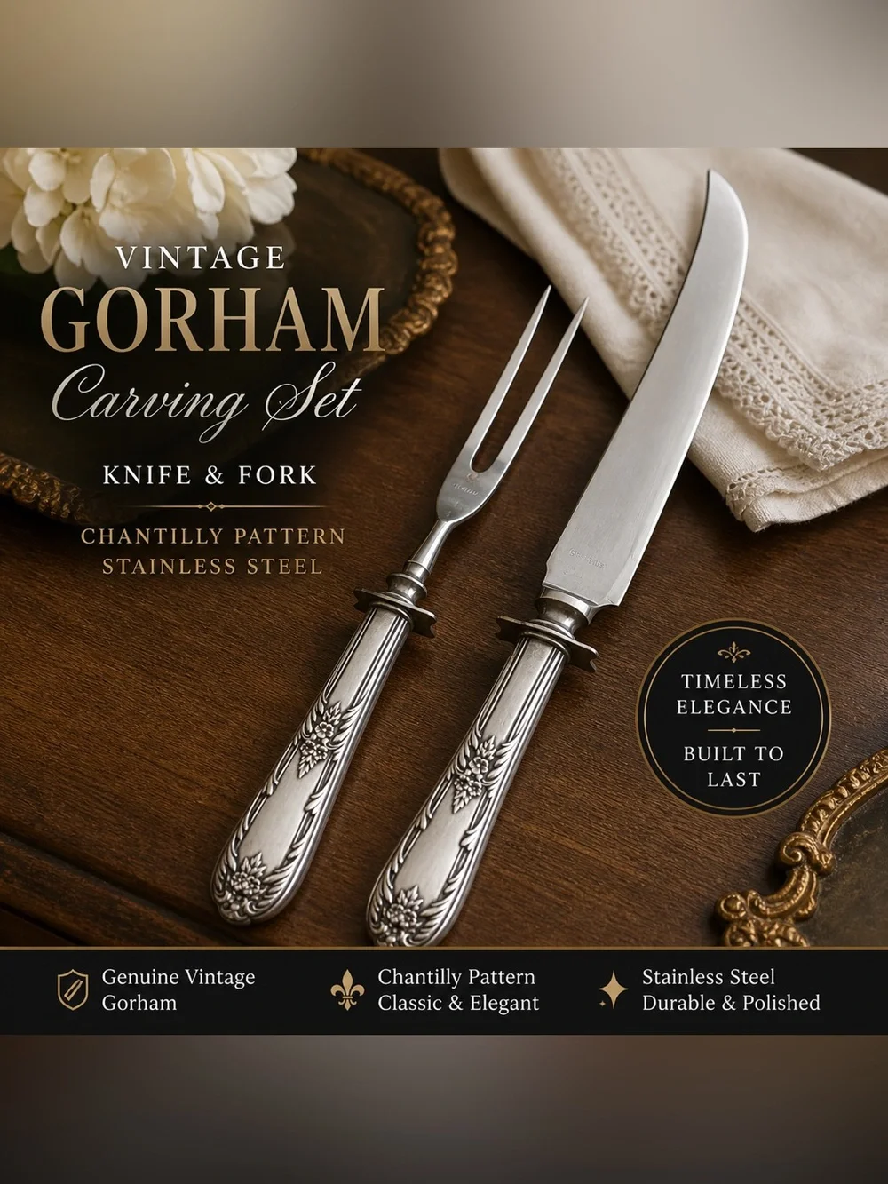 Vintage Gorham Chantilly Carving Set Knife & Fork Silver Handle Stainless Steel